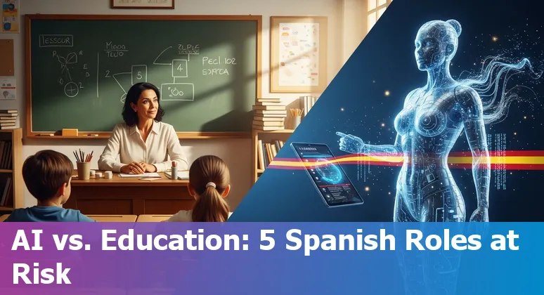 Teacher and school staff discussing AI tools in a Spanish classroom, illustrating jobs at risk and adaptation strategies