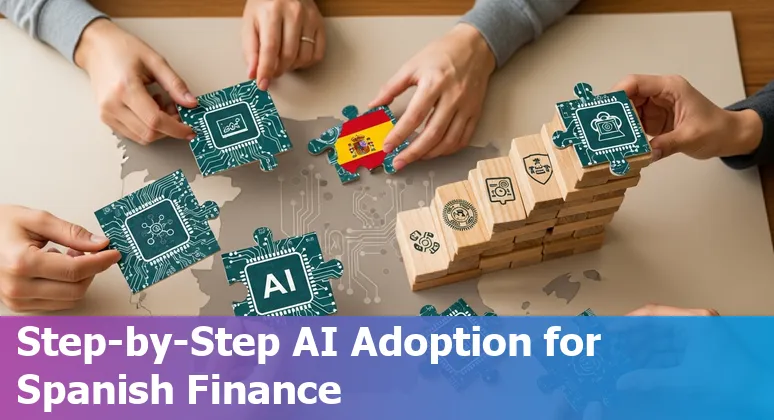 Graphic showing AI in financial services in Spain 2025 with bank, data icons and Spanish flag