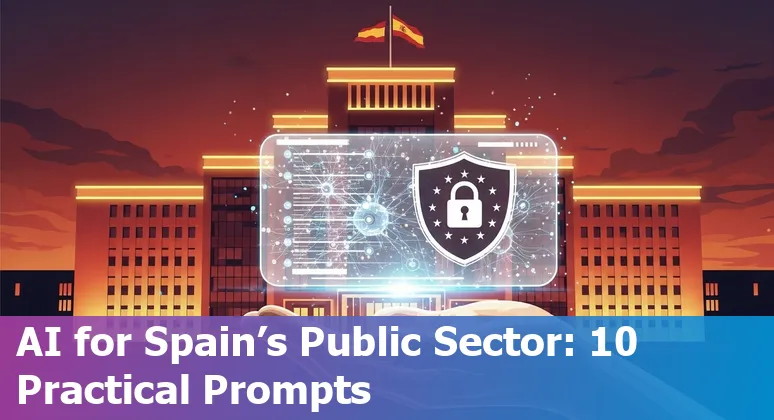 Illustration of AI supporting Spanish public services: chatbots, healthcare, traffic and data dashboards with Spanish flag accents