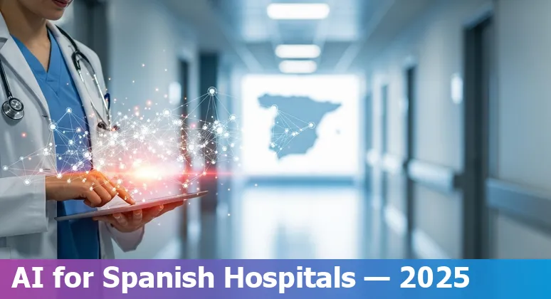 Illustration of AI in Spain healthcare 2025 showing a Spanish hospital, federated data network and Barcelona AI hub in Spain
