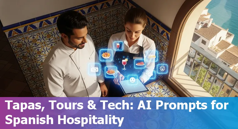 Hotel staff using an AI chatbot on a smartphone with Madrid skyline in the background