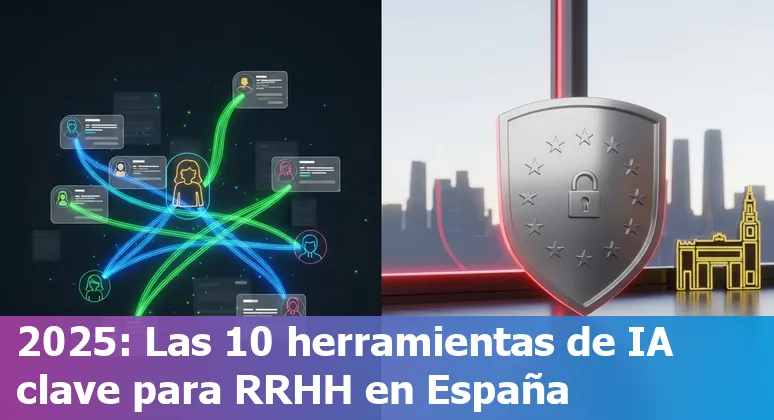 Illustration of HR professionals in Spain reviewing top AI HR tools for 2025 with Spanish flags and tool logos