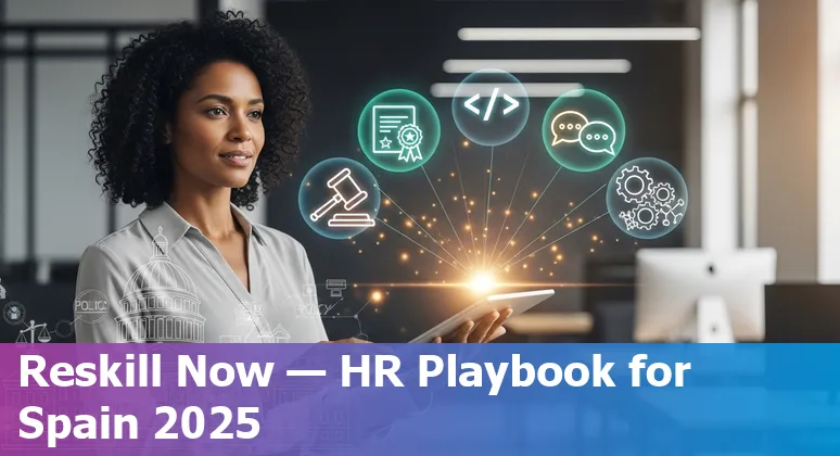 Illustration of HR team and AI tools in Spain, ES — people, laptop and gears representing HR automation in 2025 in Spain