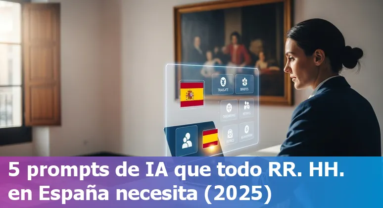 HR professional using AI prompts on a laptop with Spanish flag and HR documents