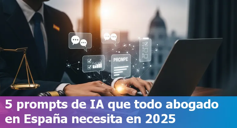 Lawyer using AI prompts on a laptop with Spanish legal documents and court citations visible.