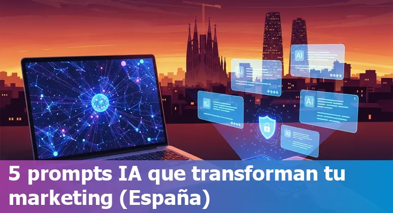 Profesional de marketing en España usando IA en un portátil con iconos de ChatGPT, HARPA AI, Claude, Perplexity y Elsa AI en pantalla.