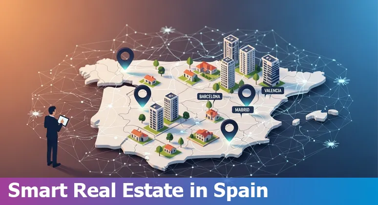 Graphic showing AI tools powering the real estate market in Spain in 2025 with landmarks like Madrid and Costa del Sol