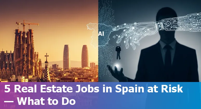Real estate agent using laptop with property listings and AI icons over a Spanish city skyline (Madrid/Barcelona)