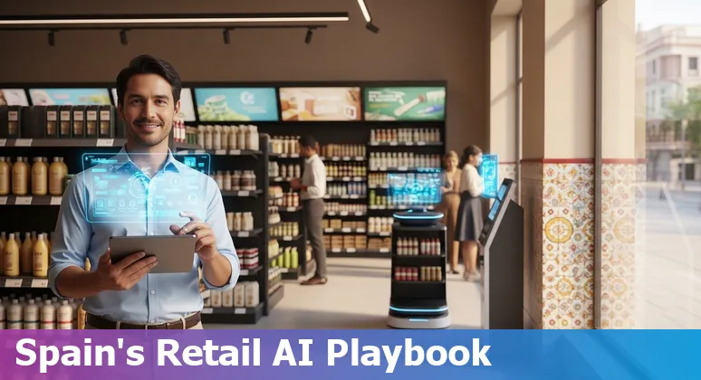 AI in retail illustration with Spanish map, store icons and data overlays — Spain