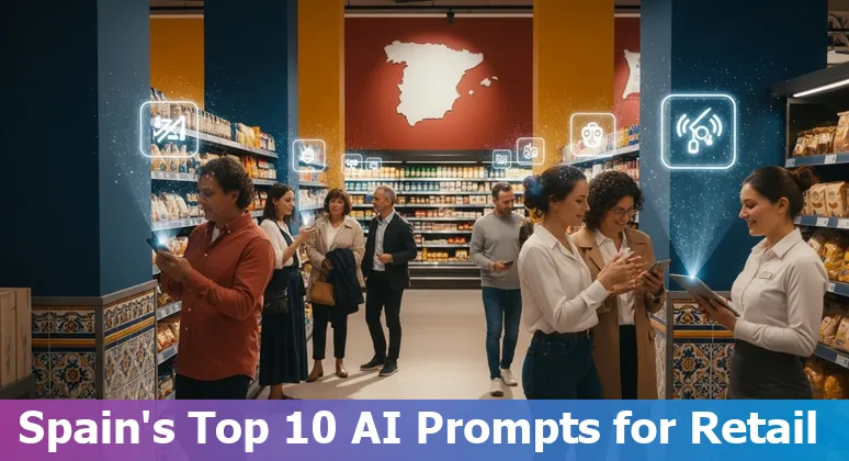 Illustration of AI-driven retail use cases in Spain: product pages, store heatmaps, chatbots, and pricing dashboards.