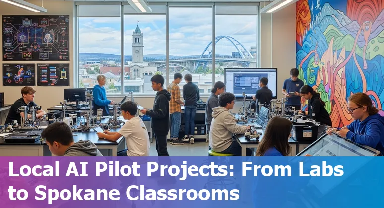 Students and teachers in Spokane using AI-powered tools on laptops in a classroom, overlay of icons for tutoring, grading, and language apps.