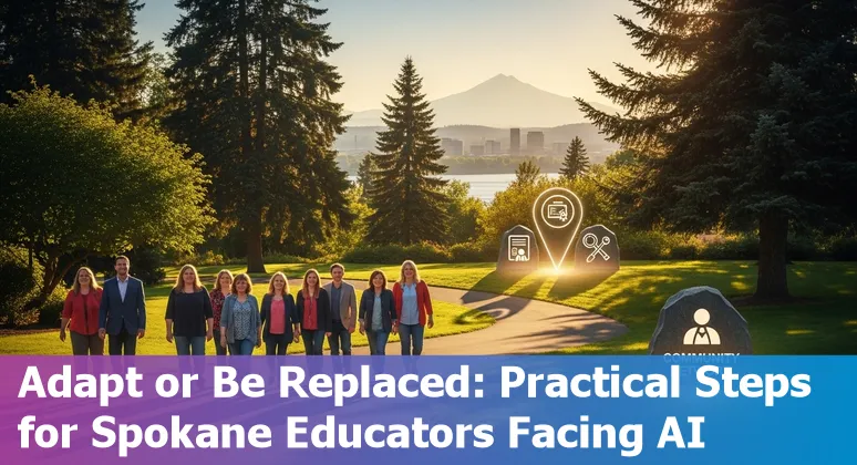 Spokane classroom with teacher and students using AI tools, skyline and Tamarack Center noted in background