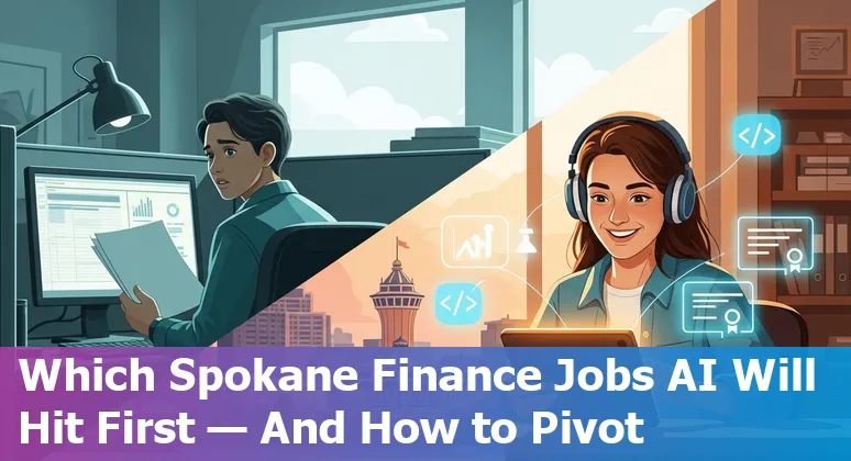 Spokane skyline with finance icons: spreadsheets, robot, Power BI dashboard, and training materials.