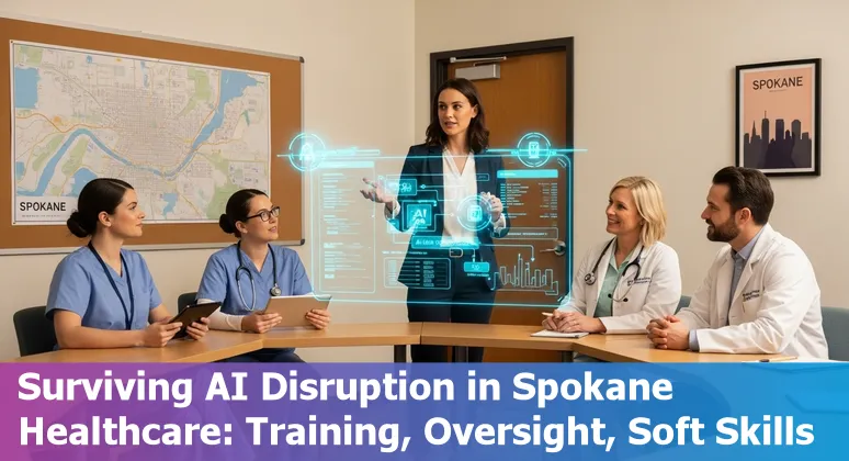 Healthcare worker reviewing AI-assisted charts beside Spokane hospital skyline
