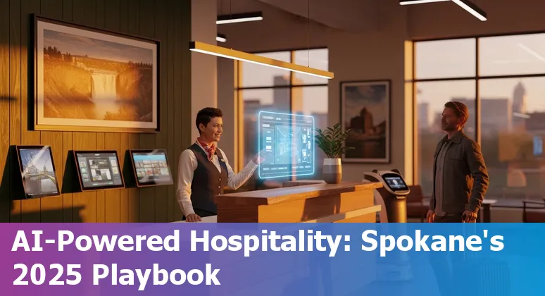 Spokane, Washington hotel lobby with AI voice kiosk and staff using AI-powered tablets — hospitality AI in Spokane 2025