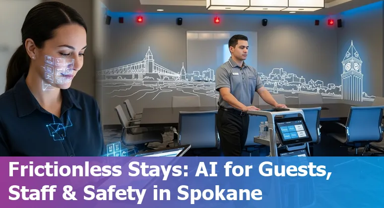 Hotel lobby in Spokane with digital concierge tablet and energy-efficient lighting — AI in hospitality.
