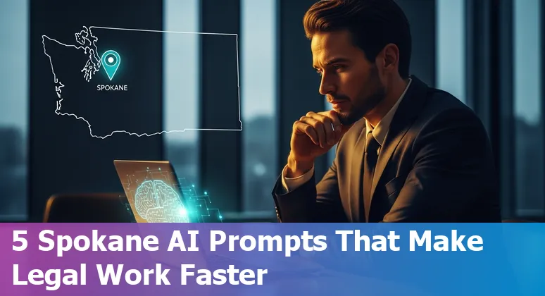 Lawyer using AI prompts on a laptop with Spokane skyline in the background
