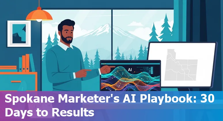 Spokane, Washington marketer using AI tools in 2025: laptop with AI dashboard and Spokane skyline in background