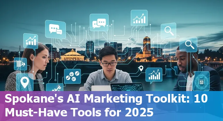 Marketer using AI tools on a laptop with Spokane skyline and Riverfront Park in the background