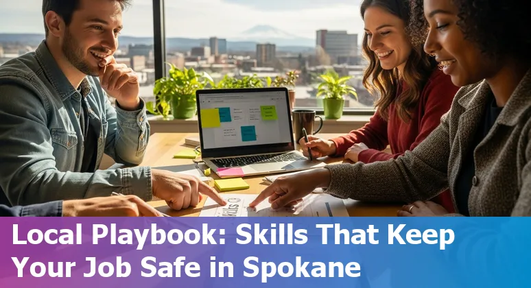 Marketing professional using AI tools with Spokane, Washington skyline in background