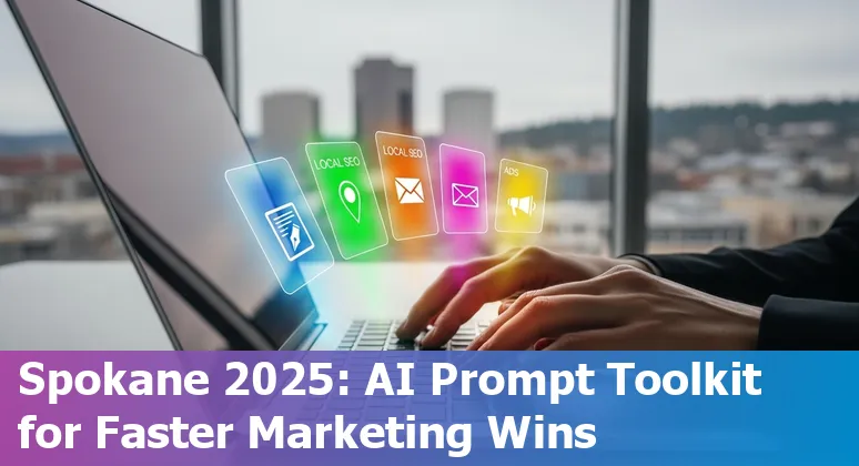 Marketing professional in Spokane using AI prompts on a laptop with Spokane skyline in background