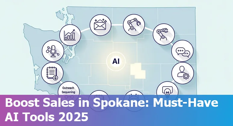 Spokane sales professional using AI tools dashboard on laptop, skyline of Spokane in background.