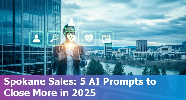 Sales professional using AI prompts on a laptop with Spokane skyline in background