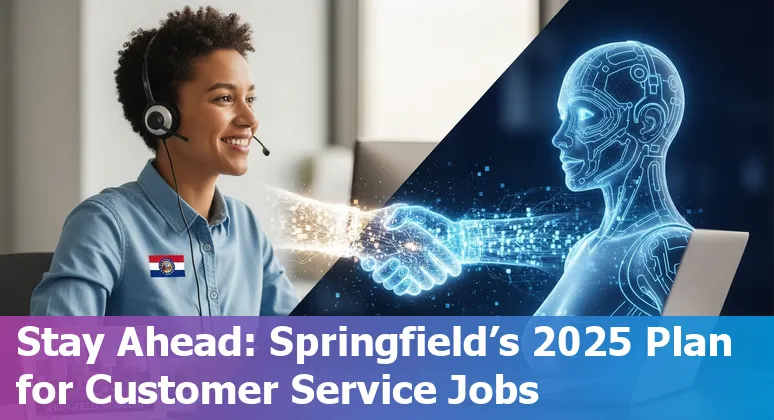 Customer service worker with AI chatbot overlay in Springfield, Missouri skyline background