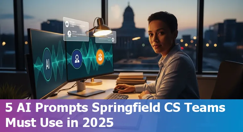 Customer service rep using AI prompts on a laptop with Springfield Missouri skyline in background.