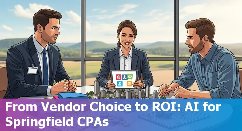 Finance professional using AI tools in an office with Springfield, Missouri skyline visible