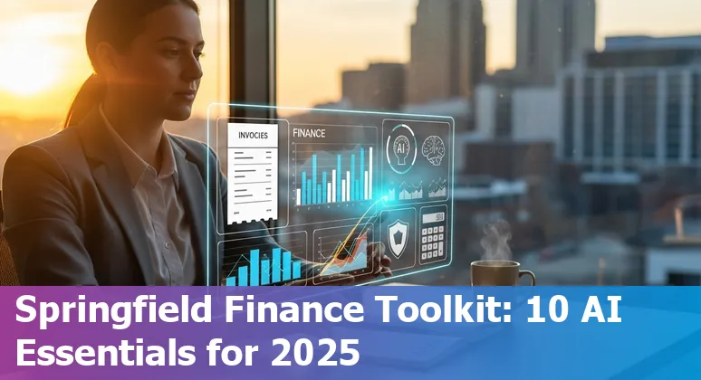 Collage of AI tools logos over a Springfield, Missouri skyline with finance icons.