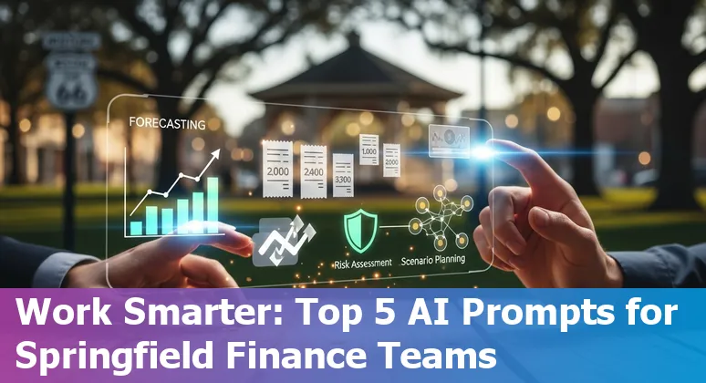 Finance professional in Springfield using AI prompts on a laptop to generate forecasts and flag unusual transactions.