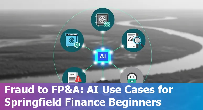 Illustration of AI in finance showing treasury, FP&A, fraud detection and chatbots with Springfield skyline.
