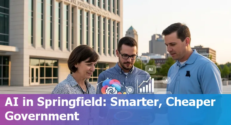 City hall with AI icons overlay showing Springfield, Missouri government efficiency gains in Missouri, US