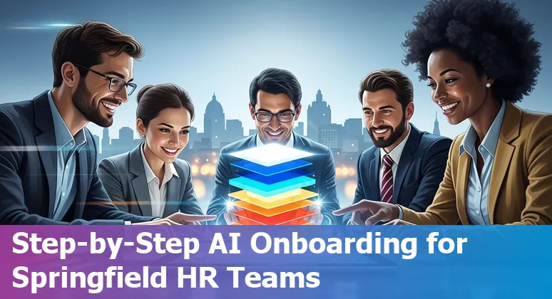 HR professional using AI tools on a laptop in Springfield, Missouri office skyline in 2025