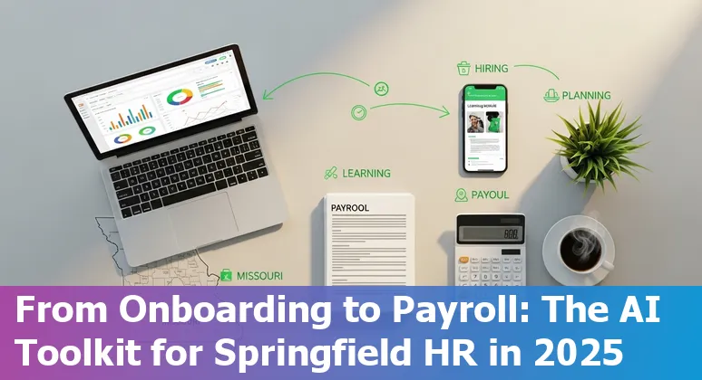 Collage of AI tools for HR with Springfield, Missouri skyline and icons for recruiting, payroll, learning, and org charts