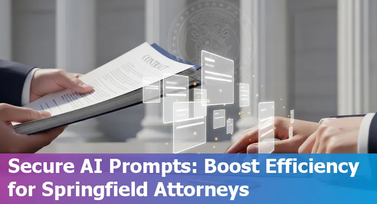 Lawyer at desk using AI tools with Springfield skyline in background, representing CoCounsel, Rev, ContractPodAi, Callidus AI, and Everlaw prompts.