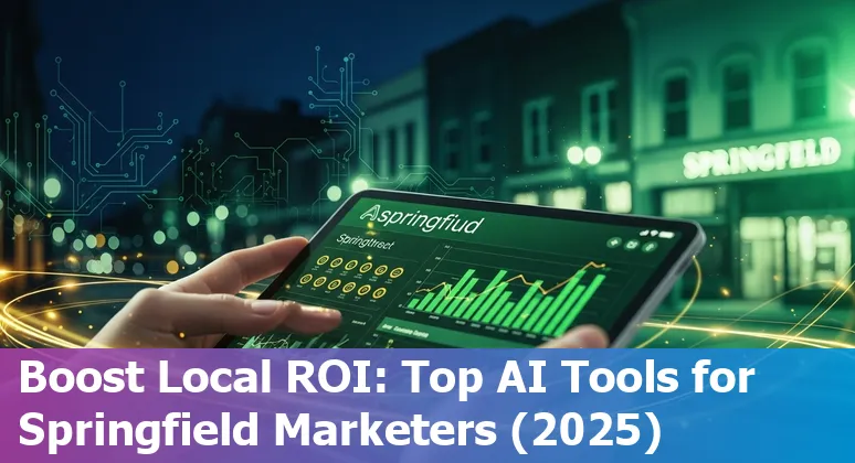 Collage of AI marketing tools logos and Springfield, Missouri skyline representing top tools for marketers in 2025