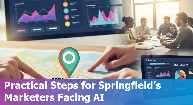 Marketing team using AI tools in Springfield, Missouri, US office — laptop screen shows generative AI assisting local campaign planning