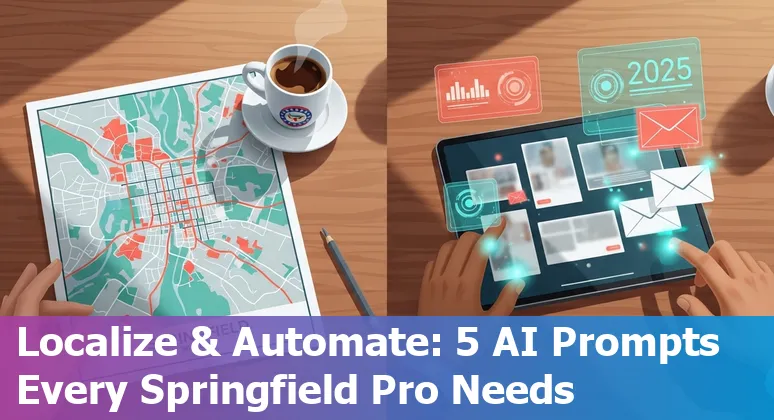 Marketing professional using AI prompts on laptop with Springfield skyline in background