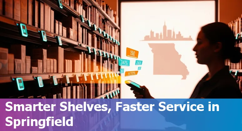 Retail workers using AI tools in a Springfield, Missouri store to manage inventory and customer service.