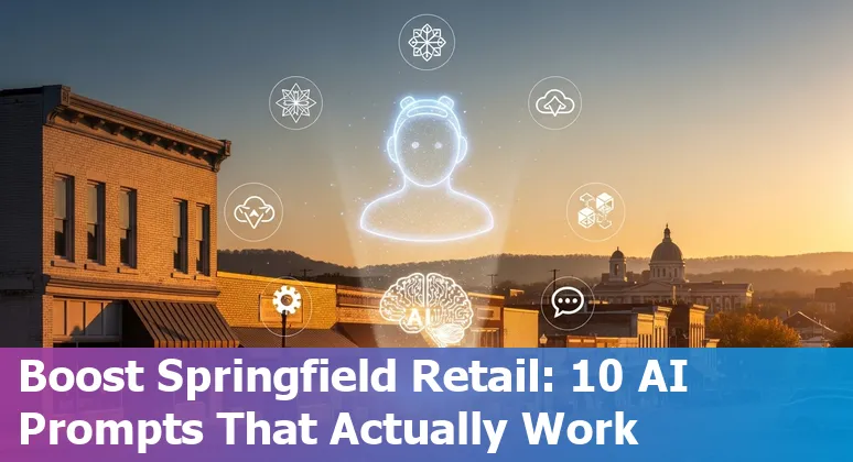 Illustration of AI tools powering retail: personalized offers, inventory dashboards, chatbots, and local Springfield storefronts.