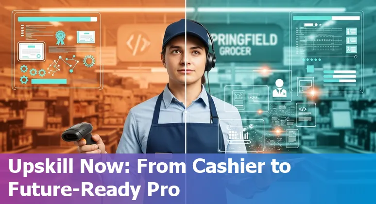 Retail worker using a tablet while robots and self-checkout operate in a Springfield, Missouri store