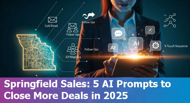 Sales professional in Springfield using AI prompts on a laptop, local skyline faintly visible.