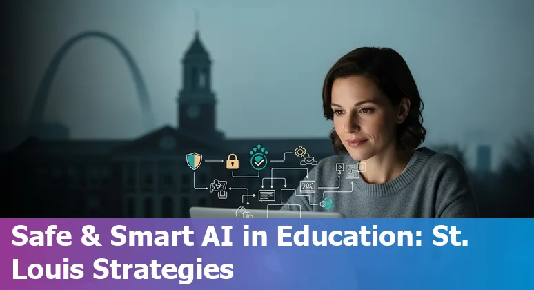 Teacher and students using AI tools in a St. Louis classroom with Gateway Arch visible through window.
