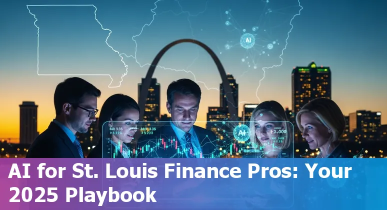 Finance professional using AI dashboard in St Louis, Missouri skyline visible in background