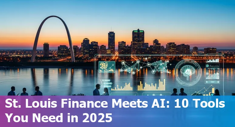 Collage of AI finance tools logos over a St. Louis skyline with Gateway Arch, representing tools for FP&A, credit, AP, compliance, and security.