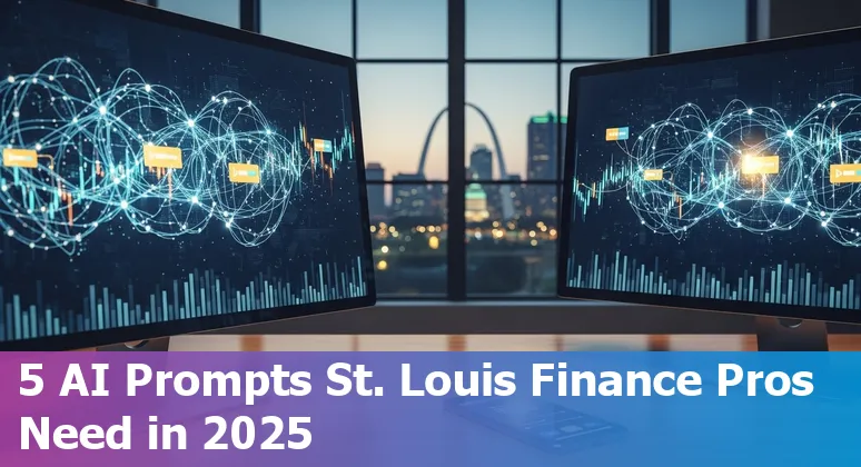 Finance professional in St. Louis reviewing AI-generated financial forecast on a laptop with city skyline in background