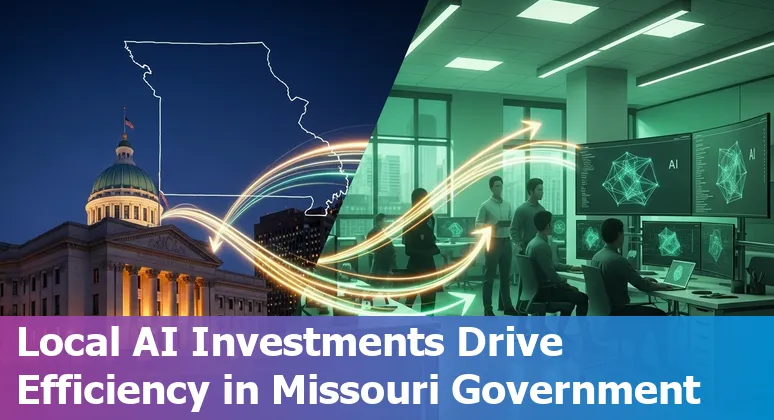 Government call center agents and AI dashboards in St. Louis, Missouri showing cost savings and efficiency gains