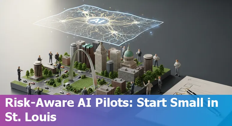 St. Louis, Missouri, US government AI guide 2025: city skyline with AI icons representing governance, data centers, and community engagement